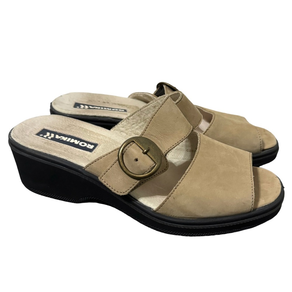 Romika Sandals Womens Sz 37 US 6.5 Beige Black Wedge Comfort Slip On Walking